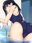  1girl :o alternate_costume ass bare_shoulders black_hair blue_eyes cameltoe caruta commentary_request eyebrows_visible_through_hair from_behind highres long_hair looking_at_viewer partially_submerged school_swimsuit solo ssss.gridman swimsuit takarada_rikka thighs 
