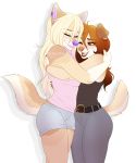  anthro belt canid canine canis clothing colored_nails danika_(wolflady) denim_shorts domestic_dog duo ear_piercing ear_ring ei-ka eyes_closed gradiewoof hair hug jeans mammal one_eye_closed pants piercing shirt shorts tank_top topwear wink wolf 