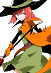  1girl bangs black_headwear cape dragon_quest dragon_quest_iii dress gloves green_dress hat holding holding_staff looking_away looking_to_the_side mage_(dq3) orange_cape orange_gloves red_eyes red_hair sash short_hair simple_background solo staff taniya_raku white_background wizard_hat 