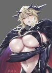  arm_guards armor artoria_pendragon_(all) artoria_pendragon_(lancer_alter) blonde_hair breast_hold breasts cape cleavage cleavage_cutout commentary_request cuboon erect_nipples fate/grand_order fate_(series) hair_between_eyes hair_ornament hand_on_own_arm highres large_breasts long_hair looking_at_viewer navel nipples_slip pale_skin parted_lips shiny shoulder_armor solo twitter_username underboob upper_body yellow_eyes 