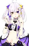  1girl :o ahoge bandeau bare_shoulders black_skirt breasts choker collarbone crescent crescent_hair_ornament demon_girl demon_wings facial_mark groin hair_ornament hands_up heart heterochromia holding holding_hair ichiki_1 jewelry long_hair looking_at_viewer midriff navel original parted_lips purple_eyes ring sidelocks simple_background skirt small_breasts solo stomach twintails upper_body very_long_hair white_background white_hair wings wristband yellow_eyes 