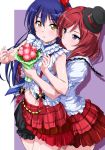  2girls bangs black_bow black_headwear blue_hair blush bokura_wa_ima_no_naka_de bouquet bow commentary_request cowboy_shot eyebrows_visible_through_hair flower frills hair_between_eyes hat highres holding holding_bouquet hug hug_from_behind long_hair looking_at_another love_live! love_live!_school_idol_project mini_hat mini_top_hat multiple_girls navel necktie nishikino_maki plaid plaid_skirt puffy_short_sleeves puffy_sleeves purple_eyes red_hair red_skirt shirt short_sleeves simple_background skirt sonoda_umi striped striped_neckwear suspender_skirt suspenders top_hat white_shirt yellow_eyes 
