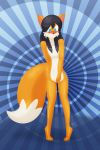  amputee anthro black_hair black_nose blue_eyes blush canid canine dipstick_tail featureless_feet featureless_hands fox fur fused hair jasentamiia mammal missing_arm mouthless multicolored_tail nude orange_fur post_transformation renee_(jasen_tamiia) simple_background solo transformation white_fur 