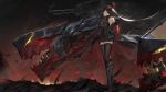  1girl armored_boots artist_request azur_lane bare_shoulders baton_(instrument) black_hair black_legwear boots breasts cannon fire floating_hair friedrich_der_grosse_(azur_lane) full_body gauntlets gloves hair_over_one_eye highres holding horns large_breasts long_hair looking_afar machinery official_art red_gloves red_horns rigging smile smoke_trail solo standing thighhighs toriumi_harumi turret very_long_hair wind world_of_warships yellow_eyes 