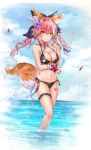  1girl animal_ear_fluff animal_ears bare_arms bare_legs bare_shoulders bikini black_bikini black_choker blue_flower blue_ribbon blue_sky breasts bubble choker cleavage cloud cloudy_sky collarbone day fang fate/grand_order fate_(series) flower food hair_flower hair_ornament halter_top halterneck hand_up highres holding holding_food horizon large_breasts leg_garter long_hair looking_at_viewer luminous navel ocean outdoors petals pink_hair popsicle ribbon side-tie_bikini sky smile solo standing star stomach swimsuit tail tamamo_(fate)_(all) tamamo_no_mae_(fate) thighs twintails wading water wristband yellow_eyes 