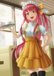  1girl :d anna_miller bangs black_legwear cup hand_on_hip hand_up high-waist_skirt highres holding holding_saucer indoors kotonoha_akane kurione_(zassou) long_hair looking_at_viewer maid_headdress one_side_up open_mouth orange_skirt pink_hair red_eyes saucer shirt short_sleeves skirt smile solo straight_hair suspender_skirt suspenders teacup teapot thighhighs thighs very_long_hair voiceroid waitress white_shirt zettai_ryouiki 