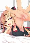  1girl :d akatsuki_yuni armpits bangs bare_arms bare_shoulders bed black_shirt blonde_hair blurry blurry_foreground blush chin_rest depth_of_field fang foreshortening hair_ornament hair_ribbon hairclip hand_up highres long_hair looking_at_viewer lying ogami_kazuki on_bed on_stomach open_mouth parted_bangs pleated_skirt red_eyes red_skirt ribbon shirt skirt sleeveless sleeveless_shirt smile solo tank_top two_side_up uni_channel virtual_youtuber 