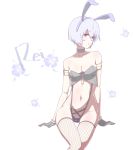  1girl animal_ears armlet ayanami_rei black_panties bracelet breasts bunny_ears bunny_girl character_name choker cleavage collarbone eyebrows_visible_through_hair fake_animal_ears fishnet_legwear fishnets flower gloves grey_gloves grey_hairband hair_between_eyes hairband hibiscus highres jewelry konbari_tariumu looking_at_viewer medium_breasts navel neon_genesis_evangelion panties red_eyes short_hair sideboob silver_hair sitting solo strapless thighhighs underwear white_background 