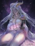  2019 blue_eyes breasts clothed clothing curved_horn elf female grey_hair hair horn horned_humanoid humanoid kardie sitting solo 