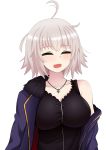  1girl ahoge bangs black_dress blush breasts dress eyes_closed fate_(series) fate_grand_order fur_trim fur_trimmed highres jacket jeanne_d&#039;arc_(alter)_(fate) jeanne_d&#039;arc_(fate)_(all) jewelry large_breasts messy_hair necklace pale_skin short_hair simple_background smile solo the_only_shoe white_background white_hair 