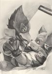  abby00531 anthro avian bird blush canid canine clothed clothing duo falco_lombardi fox_mccloud graphite_(artwork) hug lying male mammal nintendo pencil_(artwork) star_fox traditional_media_(artwork) video_games 