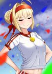  1girl ahoge blonde_hair blush breasts buruma eyes_closed fate/extra fate_(grand_order) fate_(series) gym_uniform hairband hands_on_hips highres medium_breasts midriff navel nero_claudius_(fate) nero_claudius_(fate)_(all) red_buruma red_hairband smile solo stomach the_only_shoe 