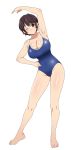  1girl blush breasts brown_eyes brown_hair cleavage closed_mouth exercise highres huge_breasts idolmaster idolmaster_cinderella_girls kagemusha looking_at_viewer oikawa_shizuku one-piece_swimsuit one_eye_closed shiny shiny_skin short_hair smile swimsuit 