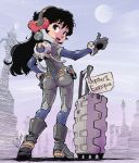  1girl ass black_hair commentary curly_hair full_body hand_on_hip headgear highres hitchhiking kiichi long_hair looking_back luggage original science_fiction sign skin_tight solo spacesuit thumbs_up 