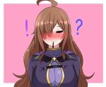  1girl ahoge blush breasts brown_hair dress eyes_closed food kono_subarashii_sekai_ni_shukufuku_wo! large_breasts long_hair pocky pocky_kiss purple_dress question_mark shared_food simple_background solo the_only_shoe upper_body wiz_(konosuba) 