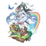  1girl bare_shoulders bird black_hair blue_eyes blue_headwear breasts dragalia_lost dress full_body long_hair looking_at_viewer medium_breasts nontraditional_miko odetta_(dragalia_lost) official_art rainbow saitou_naoki sleeveless sleeveless_dress smile solo standing sword weapon white_dress 