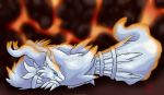  2019 bigredfierynoodle blue_eyes claws digital_media_(artwork) dragon feral fire fluffy fur lava legendary_pok&eacute;mon lying nintendo pok&eacute;mon pok&eacute;mon_(species) pokemon_species reshiram simple_background smile solo video_games white_fur wings 