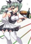  1girl ;d anchovy apron bangs black_dress black_ribbon bottle breasts collared_dress commentary cowboy_shot dress drill_hair eyebrows_visible_through_hair food frilled_apron frilled_wrist_cuffs frills girls_und_panzer green_hair hair_ribbon highres holding holding_tray leaning_forward long_hair looking_at_viewer maid_headdress medium_breasts neck_ribbon one_eye_closed open_mouth pasta plate red_eyes red_neckwear ribbon salute short_dress sleeveless sleeveless_dress smile solo standing thighhighs tray twin_drills twintails two-finger_salute waist_apron white_legwear wrist_cuffs yamaori_(yamaorimon) 