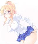  1girl ayase_eli blonde_hair blue_eyes blush breasts cleavage dress_shirt embarrassed erect_nipples frapowa high_ponytail large_breasts leaning_forward long_hair love_live! love_live!_school_idol_project no_bra panties panty_pull plaid plaid_skirt removing_pasties shirt skirt smile solo underwear white_background white_shirt 