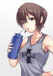  1girl bangs bottle brown_eyes brown_hair collarbone commentary_request drinking emblem eyebrows_visible_through_hair girls_und_panzer grey_background grey_shirt hand_on_hip head_tilt highres holding holding_bottle kuromorimine_(emblem) lips looking_at_viewer nishizumi_maho parted_lips shirt short_hair simple_background solo standing sweat tank_top upper_body water_bottle yamaori_(yamaorimon) 