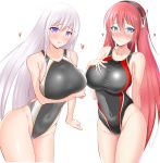  2girls aki_(akiiiiiiiii1875) azur_lane black_hairband black_swimsuit blue_eyes blush breasts commentary_request competition_swimsuit covered_navel cowboy_shot enterprise_(azur_lane) hair_between_eyes hairband headgear heart highleg highleg_swimsuit highres large_breasts leaning_forward long_hair looking_at_viewer multiple_girls one-piece_swimsuit purple_eyes ranger_(azur_lane) red_hair silver_hair simple_background standing swimsuit taut_clothes taut_swimsuit very_long_hair white_background 