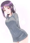  1girl arms_behind_back breasts character_request frapowa heart large_breasts love_live! love_live!_school_idol_project purple_hair red_eyes smile solo sweater white_background 