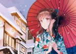  bangs belt blue_belt blue_ribbon brown_eyes brown_hair commentary_request floral_print hair_ribbon hiten_(hitenkei) holding holding_umbrella japanese_clothes japanese_house kimono lantern light long_hair looking_to_the_side night night_sky open_mouth oriental_umbrella original red_umbrella ribbon sky snow snowing umbrella winter yukata 