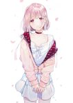  1girl artist_name bob_cut breasts cherry_blossoms cherry_print choker dress earrings food_print highres jewelry long_sleeves looking_at_viewer medium_hair oli original pink_hair red_choker red_eyes small_breasts solo standing white_background white_dress zipper 