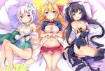  3girls ahoge animal_ears ascot bangs bare_shoulders bed_sheet black_legwear blonde_hair blue_eyes blue_shirt blush bow breasts bridal_gauntlets cat_ears cat_girl cat_tail cleavage closed_mouth commentary_request covered_navel detached_sleeves dress dress_lift eyebrows_visible_through_hair flower frilled_skirt frills groin hair_between_eyes hair_bow hair_flower hair_ornament hinata_yuu_(atelierhinata) knees_up kokkoro_(princess_connect!) kyaru_(princess_connect) large_breasts lifted_by_self long_hair long_sleeves lying medium_breasts multicolored_hair multiple_girls navel no_shoes on_back on_side open_mouth pecorine pillow pleated_skirt pointy_ears princess_connect! princess_connect!_re:dive puffy_long_sleeves puffy_short_sleeves puffy_sleeves purple_eyes purple_skirt red_bow red_eyes red_neckwear red_skirt see-through see-through_sleeves shirt short_sleeves silver_hair skirt skirt_pull sleeveless sleeveless_dress small_breasts smile soles streaked_hair tail thighhighs tiara very_long_hair white_dress white_flower white_hair 