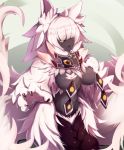  1girl ahoge alder animal_ears bangs black_sclera black_skin blunt_bangs breasts bunyip_(monster_girl_encyclopedia) claws commentary eyebrows_visible_through_hair fluffy fur lamia large_breasts looking_at_viewer mask monster_girl monster_girl_encyclopedia open_mouth outstretched_hand paws solo white_fur white_hair yellow_eyes 