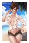  1girl beach border breasts brown_eyes brown_hair cloud cloudy_sky collared commentary cowboy_shot ear_piercing erect_nipples exlic front-tie_top highleg highleg_panties highres large_breasts long_sleeves looking_over_eyewear navel ocean open_clothes open_fly open_shirt overwatch palm_tree panties piercing pink_lips shirt short_shorts shorts sky solo spiked_hair sunglasses sweat tied_shirt tracer_(overwatch) tree underwear wet wet_clothes wet_shirt white_border white_shirt 