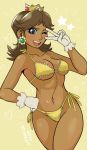  1girl bangs bare_arms bare_legs bikini blue_eyes breasts brown_hair cleavage crown dark_skin earrings flower_earrings gloves hand_on_hip heart jewelry legs looking_at_viewer mario_(series) medium_breasts navel nintendo one_eye_closed open_mouth pose princess_daisy sassy smile solo star super_mario_land swimsuit thighs tomboy v white_gloves wink 