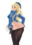  1girl absurdres ass atago_(kantai_collection) bangs beret blonde_hair blush bow bow_panties breasts closed_mouth detached_sleeves eyebrows_visible_through_hair from_behind gloves hat highres kantai_collection long_hair long_sleeves looking_at_viewer looking_back medium_breasts panties pantyhose pantyhose_pull pulled_by_self scan shiny shiny_hair simple_background smile solo thighs underwear white_panties yahako 