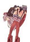  1girl absurdres amatsukaze_(kantai_collection) ass black_panties blush brown_eyes dutch_angle from_behind garter_straps hair_ornament highres kantai_collection long_hair long_sleeves looking_at_viewer looking_back open_mouth panties red_legwear scan solo striped thighhighs thighs underwear yahako 