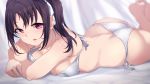  1girl arm_support ass back bangs bed_sheet bikini black_hair blurry blurry_background breasts commentary_request depth_of_field eyebrows_visible_through_hair hair_ribbon highres kazuno_sarah light_smile long_hair looking_at_viewer love_live! love_live!_sunshine!! lying medium_breasts on_bed on_stomach open_mouth purple_eyes ribbon side-tie_bikini sidelocks skindentation solo sweatdrop swimsuit twintails white_bikini white_ribbon yamaori_(yamaorimon) 