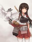  1girl akagi_(kantai_collection) apron arrow bird bow_(weapon) brown_eyes brown_gloves brown_hair cowboy_shot flight_deck gloves hakama_skirt hat japanese_clothes k_jie kantai_collection long_hair muneate owl partly_fingerless_gloves quiver red_skirt simple_background single_glove skirt smile solo standing straight_hair tasuki thighhighs weapon white_background white_legwear yugake 