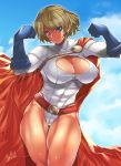  1girl artist_name blonde_hair blue_eyes blue_sky breasts cape cleavage cleavage_cutout closed_mouth cloud day dc_comics eyebrows_visible_through_hair highres large_breasts looking_at_viewer power_girl red_cape short_hair shourin_bonzu sky smile solo thighs 