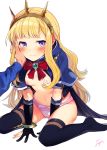  1girl arm_support artist_name black_gloves black_legwear blonde_hair blue_cape blue_capelet blush bow bow_panties bracelet breasts brooch cagliostro_(granblue_fantasy) cape capelet closed_mouth commentary_request crotch_seam crown elbow_gloves eyebrows_visible_through_hair frown fuji_fujino gloves granblue_fantasy hand_on_another&#039;s_face jewelry lace lace-trimmed_panties leaning_forward legs long_hair looking_at_viewer navel nipples no_bra no_pants out_of_frame panties pink_panties purple_eyes red_bow signature simple_background sitting small_breasts solo_focus spikes sweat thighhighs tiara underwear wariza white_background 