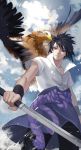  1boy ana_bi animal bird black_eyes black_hair black_pants cloud cloudy_sky commentary_request cowboy_shot day eagle high_collar highres holding holding_sword holding_weapon male_focus naruto_(series) naruto_shippuuden pants rope shirt short_sleeves sky solo standing sword uchiha_sasuke weapon white_shirt zipper 