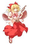  1girl alphes_(style) blonde_hair bow commentary_request dairi erhu eyebrows_visible_through_hair hair_bow hair_ornament holding holding_instrument instrument long_skirt looking_at_viewer medium_hair music parody playing_instrument red_bow red_ribbon red_skirt ribbon sandals satsuki_rin skirt smile solo style_parody tabi tachi-e touhou transparent_background wide_sleeves yellow_eyes yellow_pupils zouri 