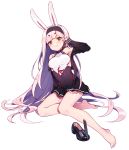  1girl animal_ears armpit_peek azur_lane bangs bare_legs bare_shoulders barefoot black_cardigan black_dress black_footwear breasts bunny_ears cardigan dress footwear_removed full_body hairband halter_dress hand_on_own_face highres long_hair looking_at_viewer medium_breasts open_cardigan open_clothes orange_eyes parted_bangs pink_hair sharlorc shimakaze_(azur_lane) short_dress sideboob simple_background sitting sleeves_past_wrists smile solo toenails very_long_hair white_background yokozuwari 