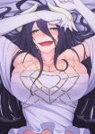  1girl :d ahoge albedo armpits bare_shoulders black_hair blush breasts cleavage collarbone commentary_request demon_girl demon_horns dress gloves hair_between_eyes highres horns large_breasts long_hair looking_at_viewer lying nigane on_back open_mouth overlord_(maruyama) slit_pupils smile solo white_dress white_gloves yellow_eyes 