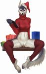  2018 anthro bottomless canid canine christmas claws clitoris clitoris_piercing clothed clothing daryabler female fur genital_piercing gift hat headgear headwear hi_res holidays leg_warmers legwear looking_at_viewer mammal pawpads piercing pussy pussy_piercing santa_hat simple_background sitting smile solo thigh_highs turtleneck_sweater white_background 