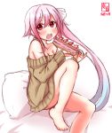  1girl alternate_costume artist_logo bare_shoulders barefoot bed beige_sweater breasts cleavage collarbone commentary_request cream_puff dated food hair_ribbon harusame_(kantai_collection) highres kanon_(kurogane_knights) kantai_collection medium_breasts open_mouth pillow pink_hair red_eyes ribbon round_teeth side_ponytail simple_background sitting solo teeth upper_teeth white_background 