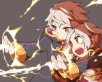  1boy 1girl closed_mouth electricity female_my_unit_(fire_emblem:_kakusei) fire_emblem fire_emblem:_kakusei grey_background long_sleeves male_my_unit_(fire_emblem:_kakusei) my_unit_(fire_emblem:_kakusei) nintendo open_mouth robe short_hair shunrai simple_background twintails white_hair 