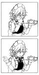  1girl 2koma :| back_bow bangs bow braid closed_mouth comic commentary_request cup dress greyscale hair_between_eyes hands_up highres holding holding_tray izayoi_sakuya jitome koyubi_(littlefinger1988) looking_at_viewer maid maid_headdress medium_hair monochrome pointing pointing_at_self pointing_forward short_sleeves silent_comic solo teacup teapot touhou tray twin_braids upper_body wrist_cuffs 