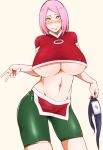  1girl blush breasts green_eyes green_shorts haruno_sakura large_breasts looking_at_viewer naruto naruto_(series) pink_hair red_shirt shirt short_hair shorts simple_background smile solo sunahara_wataru underboob v 