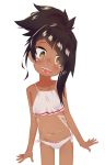  1girl asymmetrical_hair black_hair blush brown_eyes dark_skin facial_mark female flat_chest hair_over_one_eye midriff navel neru_tanuki original sharp_teeth simple_background solo teeth white_background 