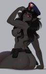  2019 absurd_res alternate_species areola black_hair breasts butt clothing crossgender digital_media_(artwork) evehly eyelashes female friendship_is_magic hair hat headgear headwear hi_res horn horned_humanoid humanoid humanoidized king_sombra_(mlp) long_hair looking_at_viewer my_little_pony nipples not_furry pointy_ears police_hat red_eyes simple_background slit_pupils solo 