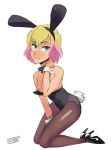  1girl animal_ears blonde_hair breasts bunny_ears bunnysuit gwen_poole gwenpool high_heels highres lipstick makeup marvel multicolored_hair nipples pink_hair polyle 